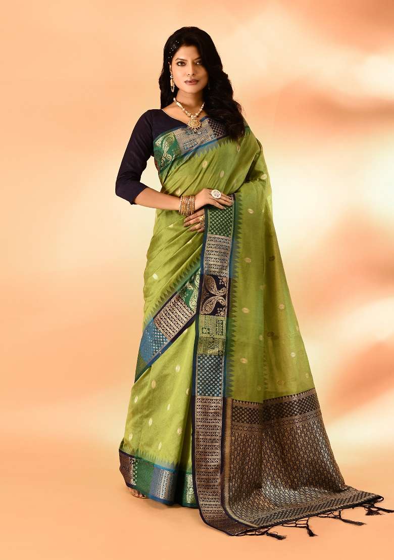 Green Silk Blend Saree Set with Embroidered for Diwali | Wedding & Festive Wear - Indya