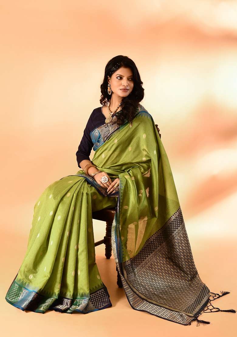 Green Silk Blend Saree Set with Embroidered for Diwali | Wedding & Festive Wear - Indya