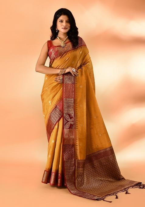 Mustard Embroidered Silk Saree Set