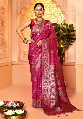 Maroon Embroidered Silk Saree Set