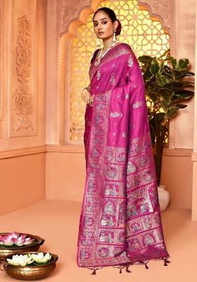 Magenta Embroidered Silk Saree Set