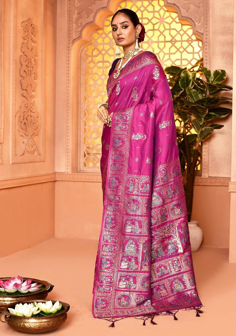 Magenta Embroidered Silk Saree Set