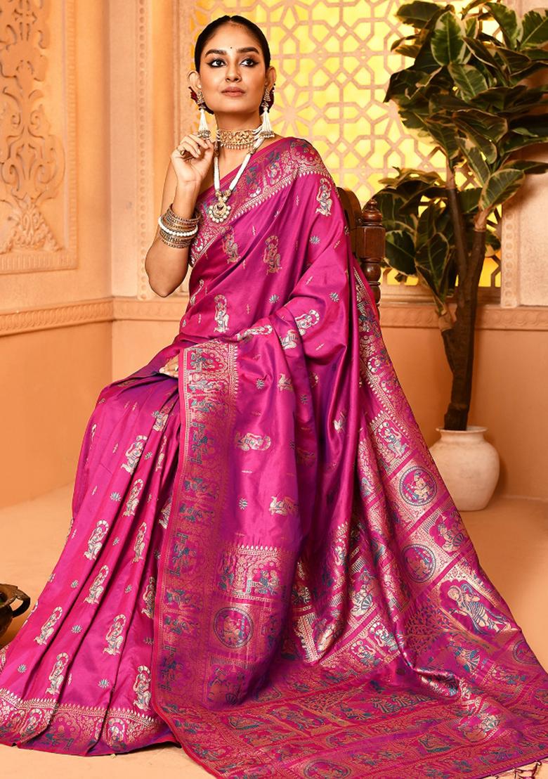 Magenta Embroidered Silk Saree Set