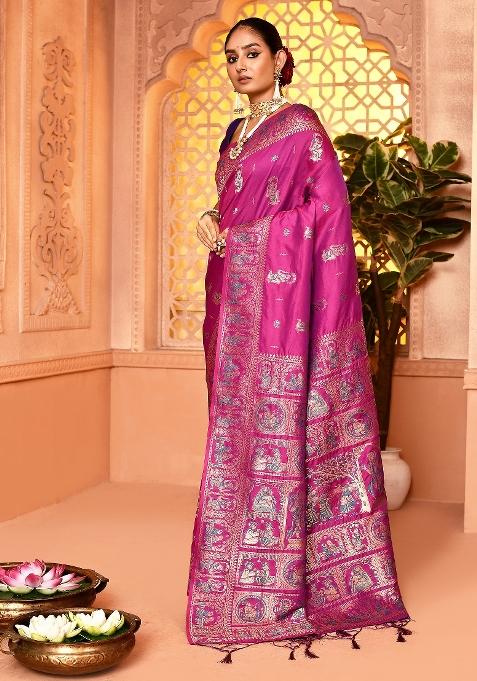 Magenta Embroidered Silk Saree Set