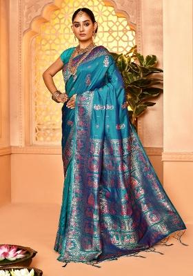 Firozi Embroidered Silk Saree Set