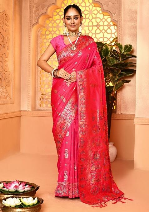 Pink Embroidered Silk Saree Set