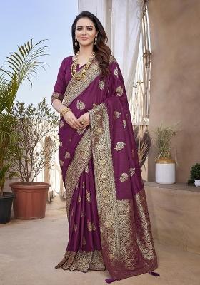 Maroon Embroidered Silk Saree Set