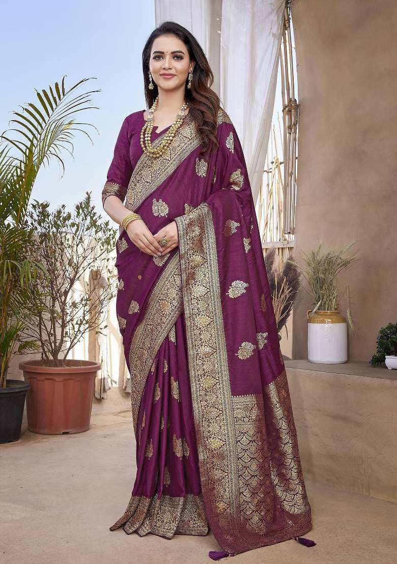 Maroon Silk Blend Saree Set with Embroidered for Diwali | Wedding & Festive Wear - Indya