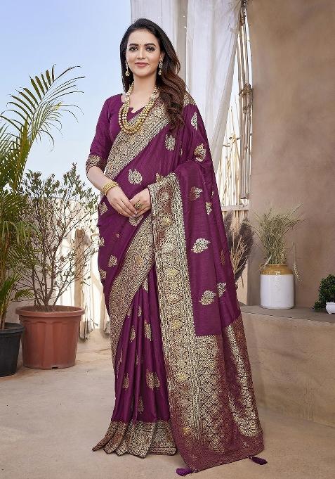 Maroon Embroidered Silk Saree Set
