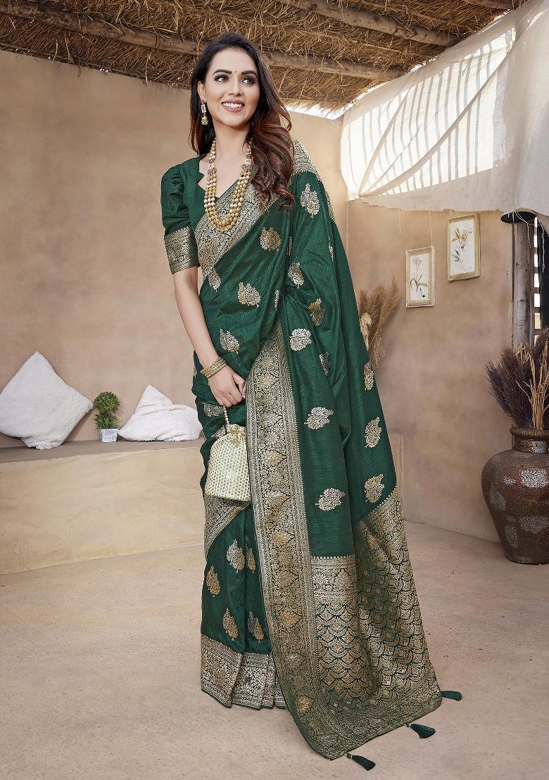 Dark Green Embroidered Silk Saree Set - Indya