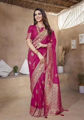Hot Pink Embroidered Silk Saree Set