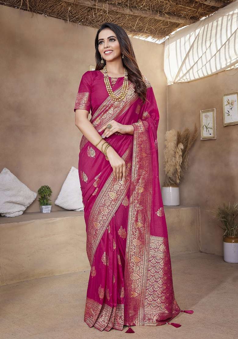 Hot Pink Embroidered Silk Blend Saree Set for Diwali and Festive Wear - Indya