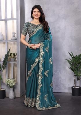 Teal Embroidered Silk Saree Set