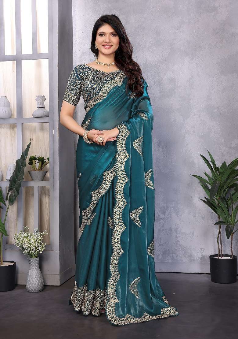 Teal Embroidered Silk Saree Set - Indya