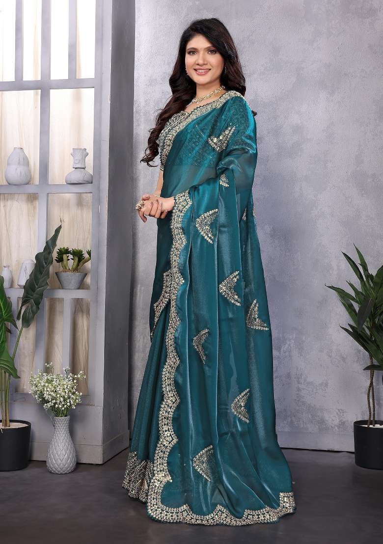 Teal Embroidered Silk Saree Set - Indya