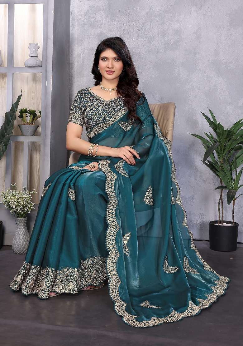 Teal Embroidered Silk Saree Set - Indya