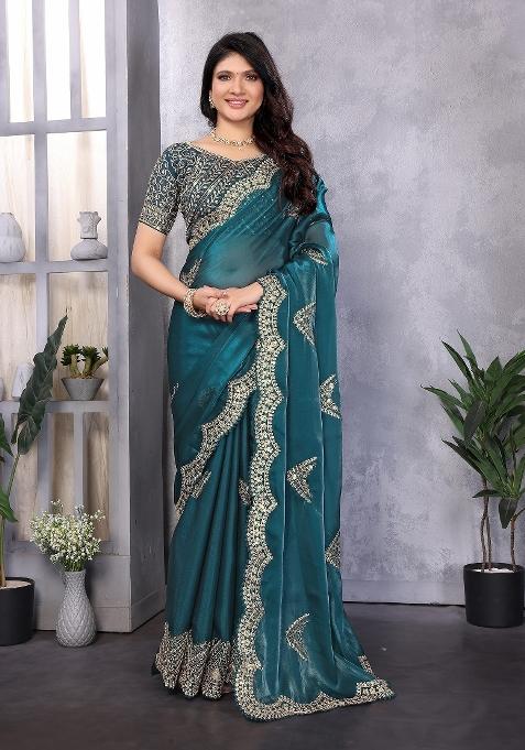 Teal Embroidered Silk Saree Set
