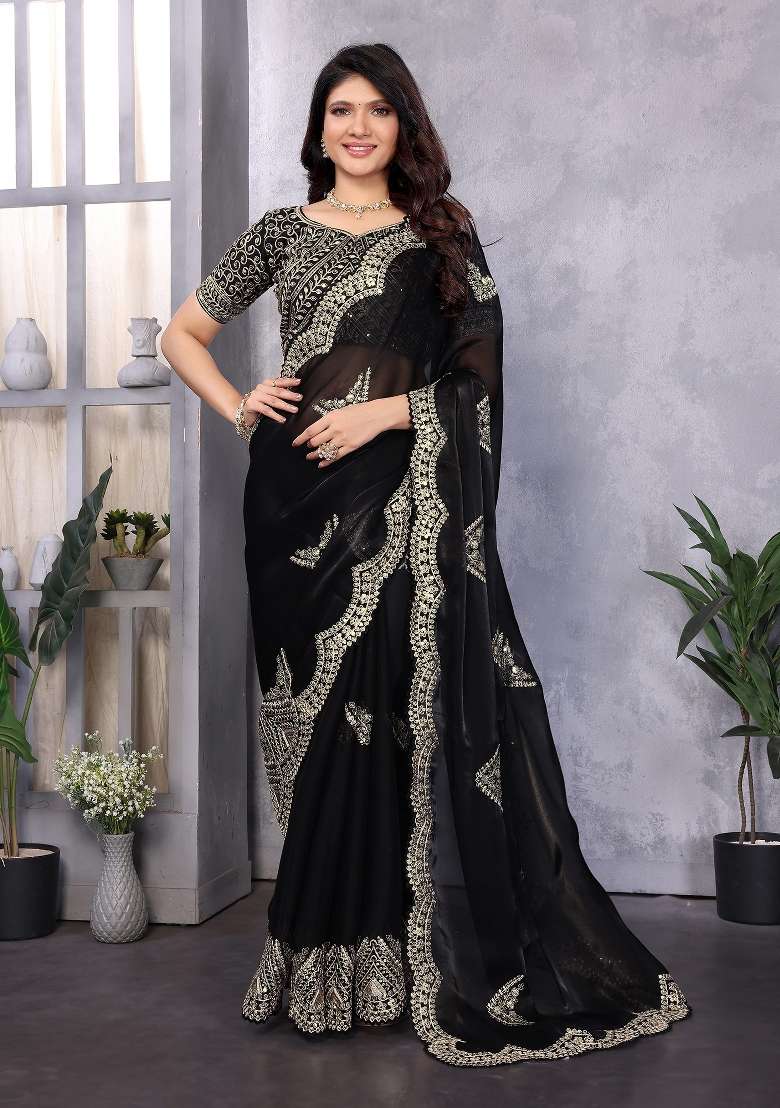 Black Embroidered Silk Saree Set - Indya