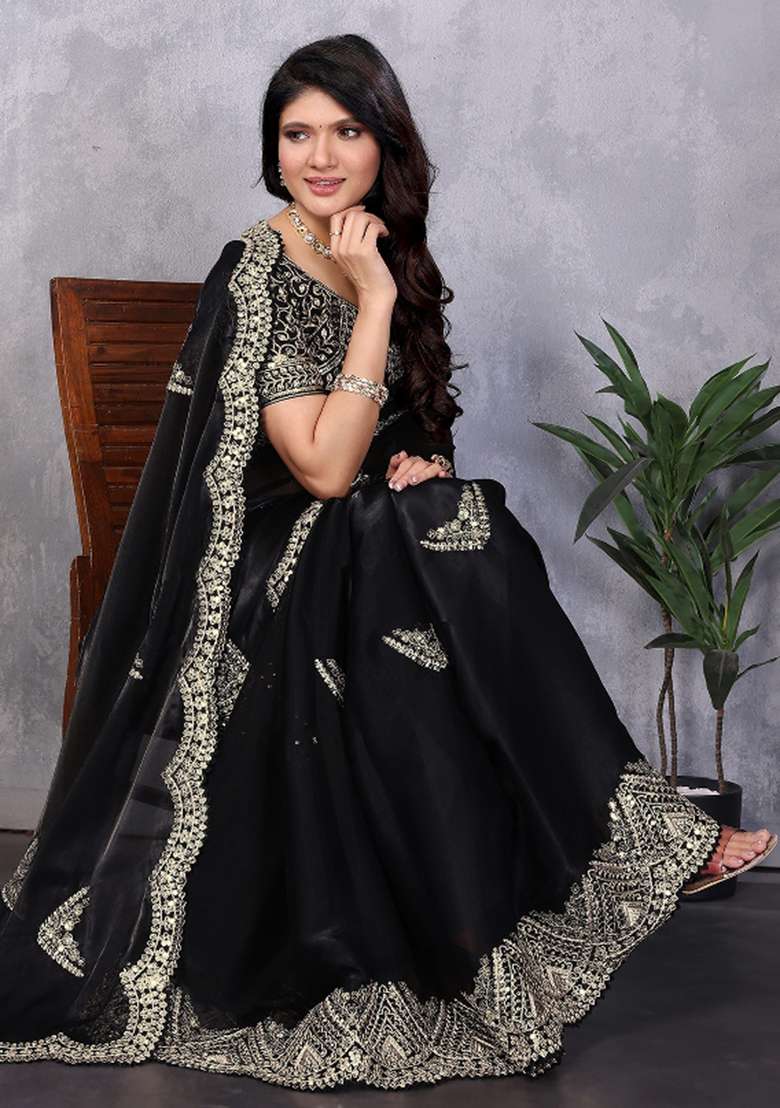 Black Embroidered Silk Saree Set - Indya
