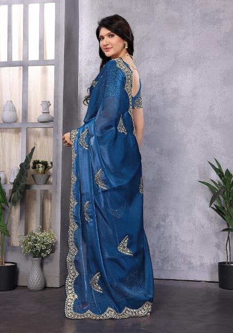 Royal Blue Embroidered Silk Saree Set