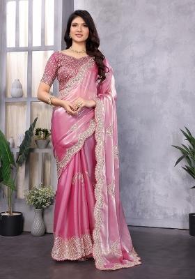 Baby Pink Embroidered Silk Saree Set