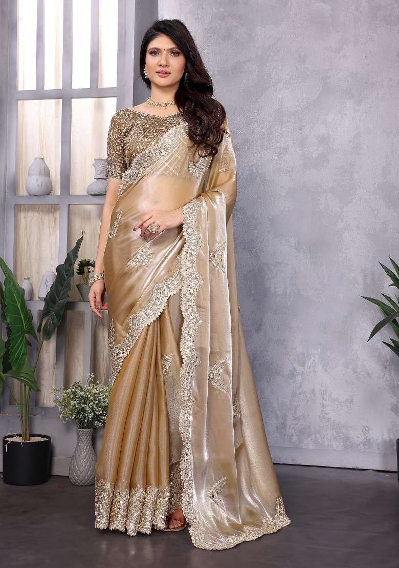 Ivory Embroidered Silk Saree Set - Indya