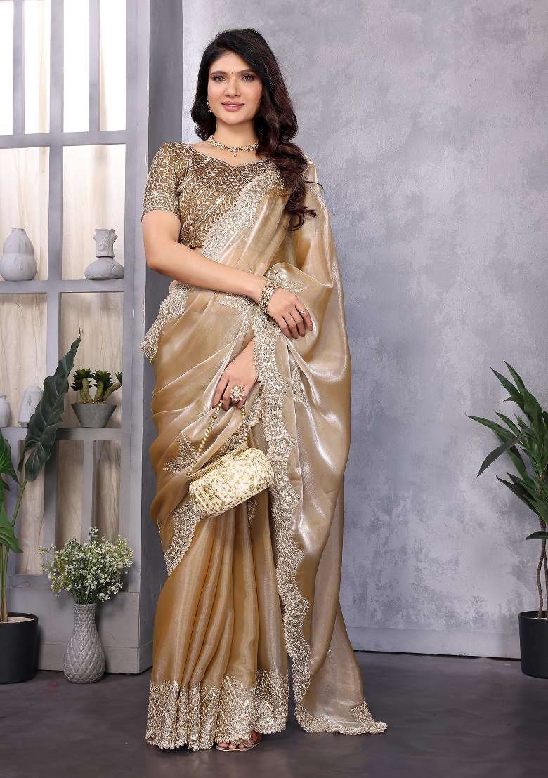 Ivory Embroidered Silk Saree Set - Indya