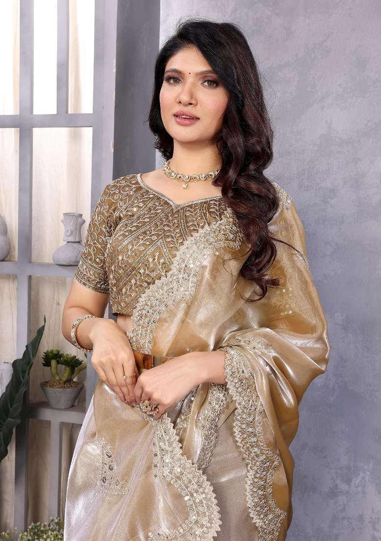 Ivory Embroidered Silk Saree Set - Indya