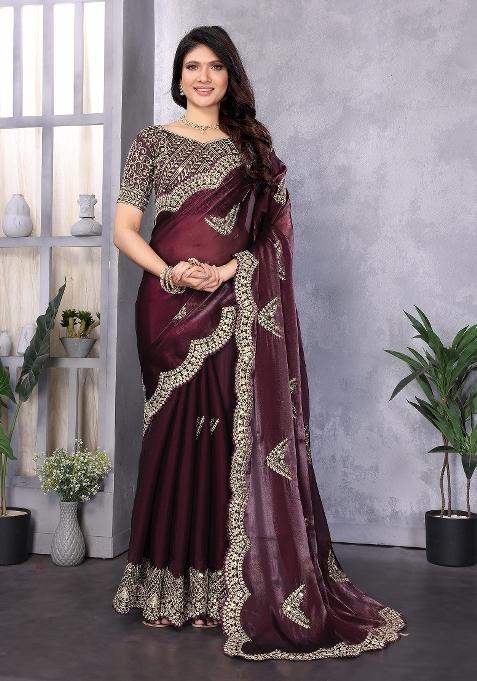 Wine Embroidered Silk Saree Set