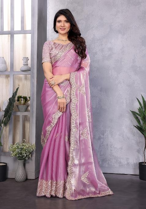 Lavender Embroidered Silk Saree Set