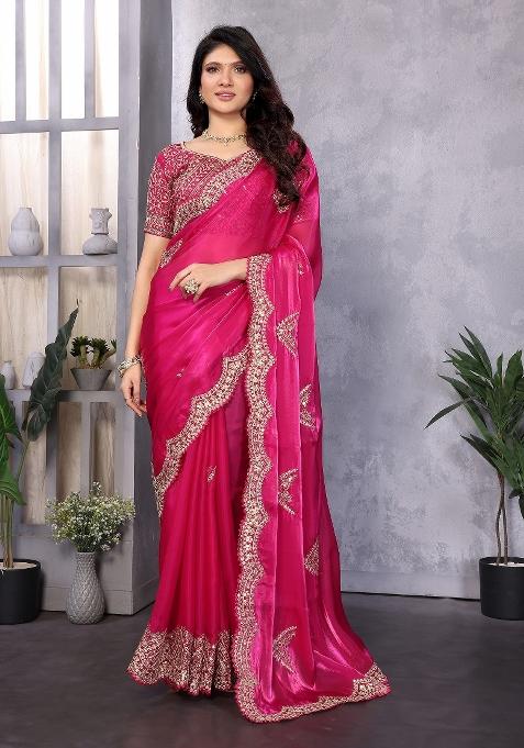 Hot Pink Embroidered Silk Saree Set