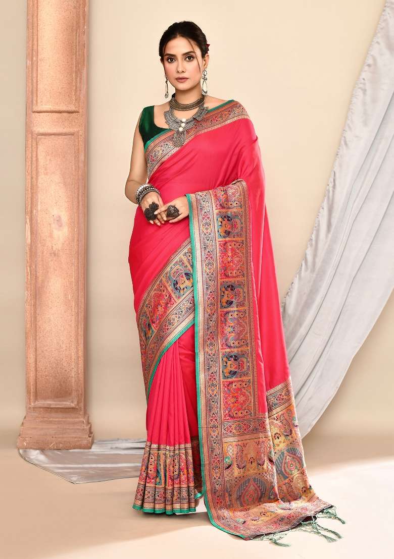 Pink Embroidered Silk Blend Saree Set for Diwali and Festive Wear - Indya