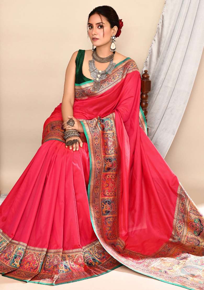 Pink Embroidered Silk Blend Saree Set for Diwali and Festive Wear - Indya