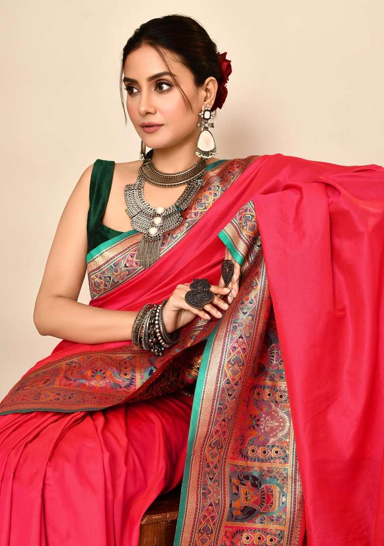 Pink Embroidered Silk Blend Saree Set for Diwali and Festive Wear - Indya