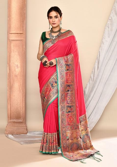 Pink Embroidered Silk Saree Set