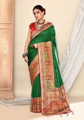 Dark Green Embroidered Silk Saree Set