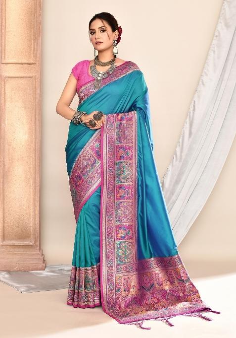 Royal Blue Embroidered Silk Saree Set