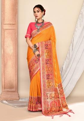 Mustard Embroidered Silk Saree Set