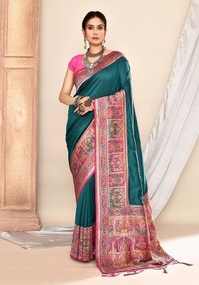 Teal Green Embroidered Silk Saree Set