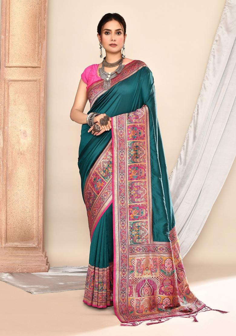 Teal Green Embroidered Silk Saree Set