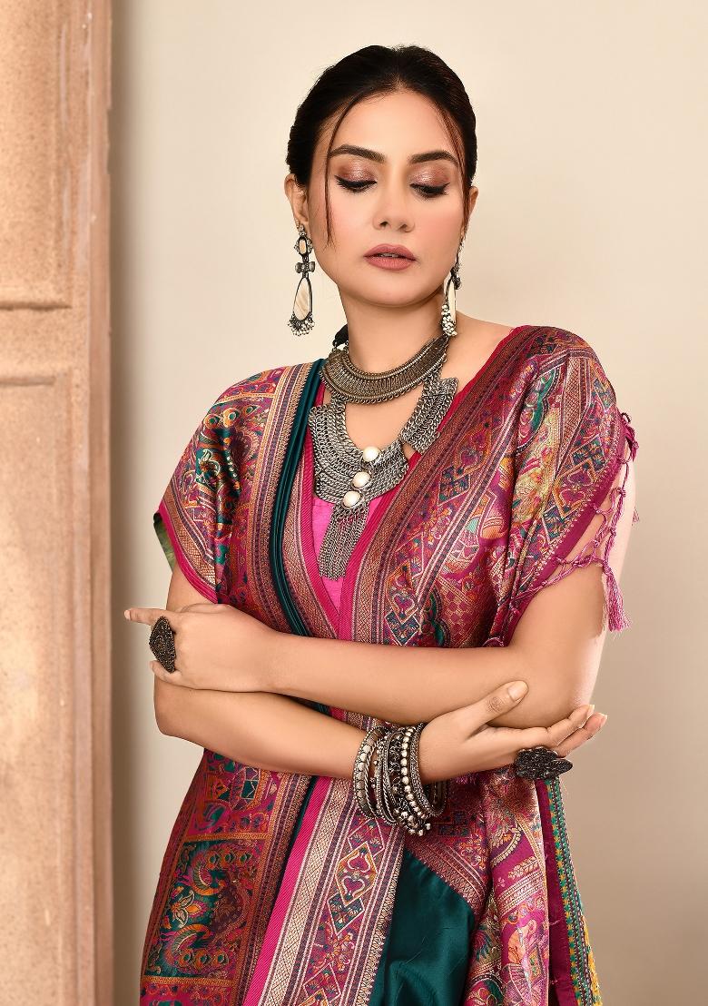 Teal Green Embroidered Silk Saree Set