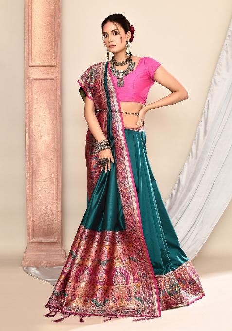 Teal Green Embroidered Silk Saree Set