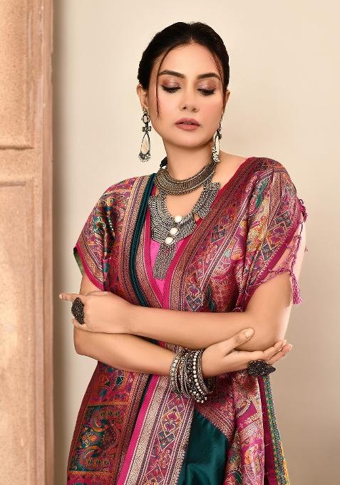 Teal Green Embroidered Silk Saree Set