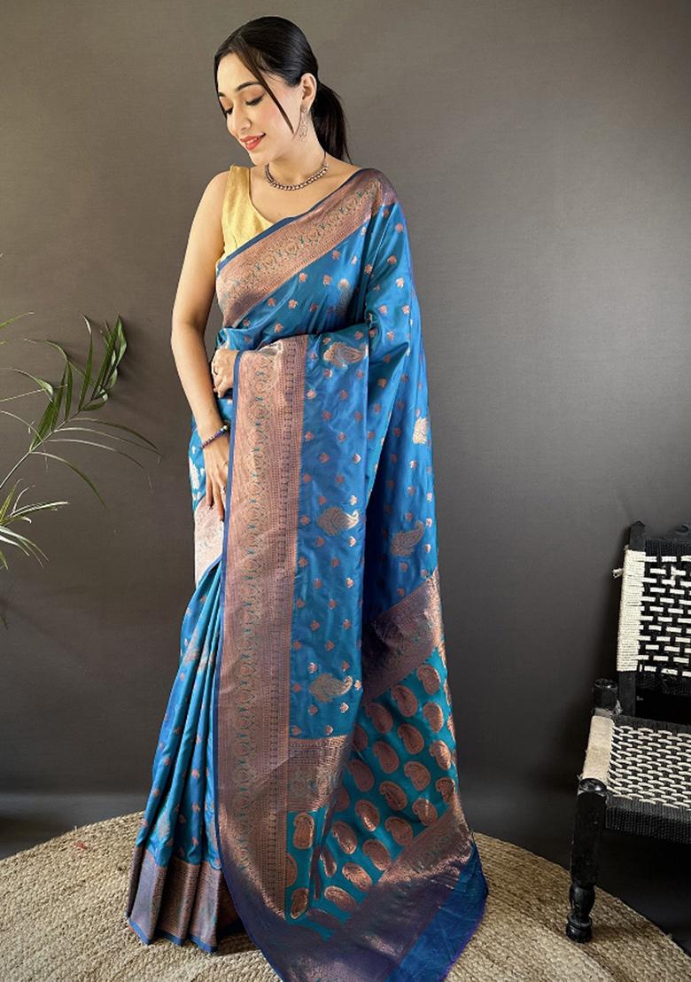 Royal Blue Woven Silk Saree Set
