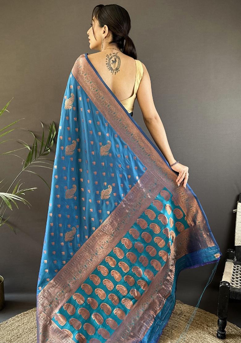 Royal Blue Woven Silk Saree Set