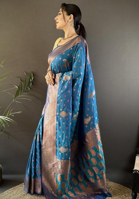 Royal Blue Woven Silk Saree Set