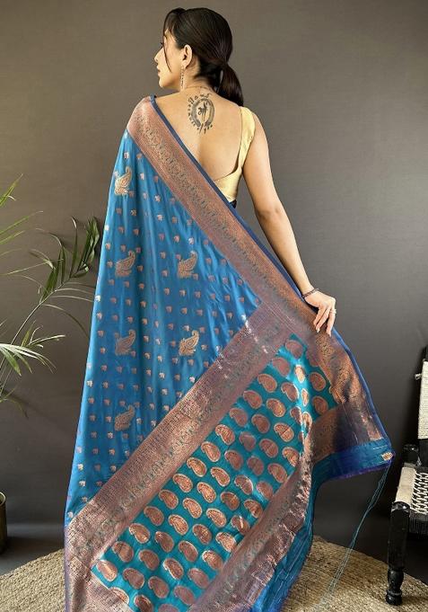 Royal Blue Woven Silk Saree Set