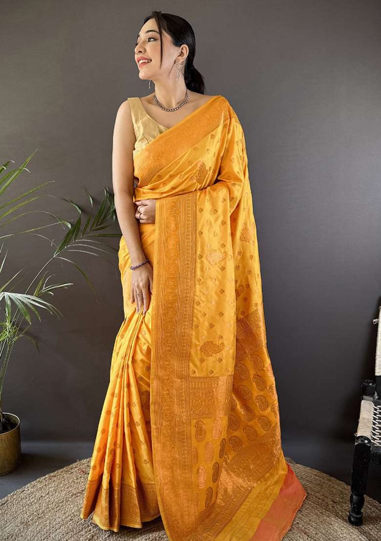 Orange Woven Silk Blend Saree Set for Diwali | Wedding & Festive Wear - Indya