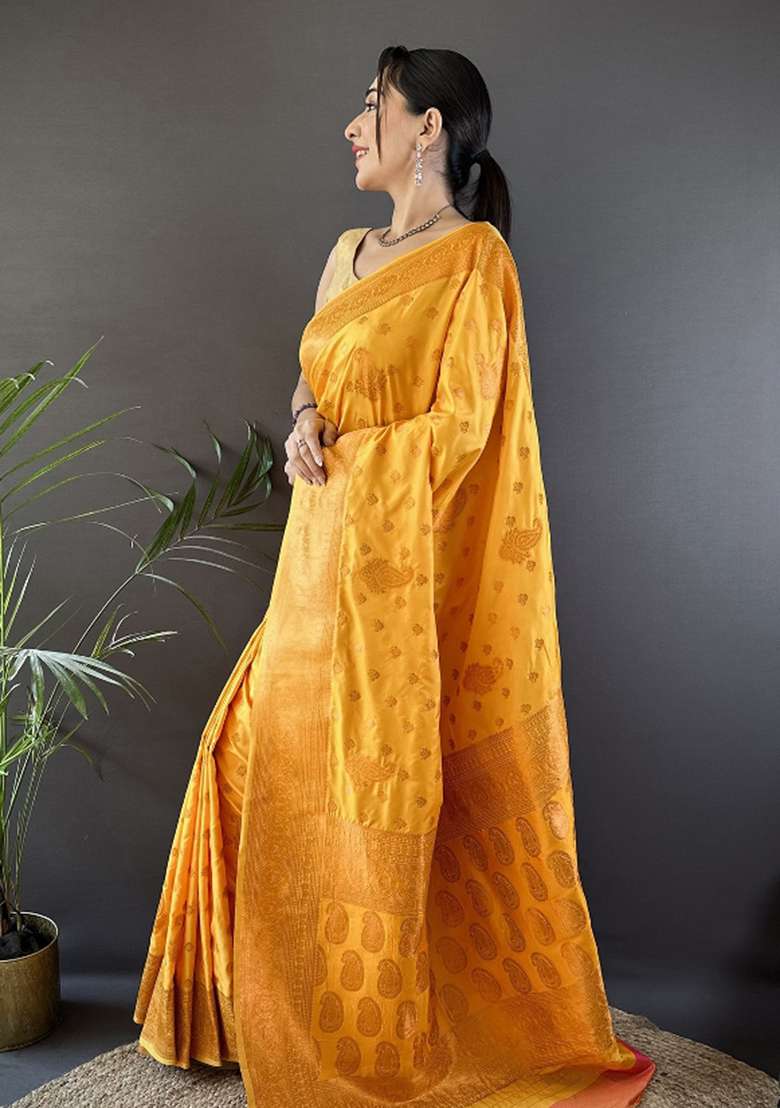 Orange Woven Silk Blend Saree Set for Diwali | Wedding & Festive Wear - Indya