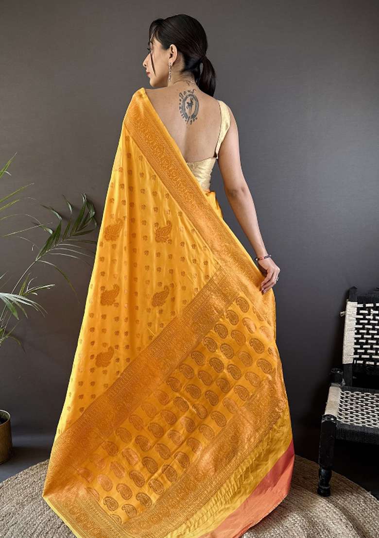 Orange Woven Silk Blend Saree Set for Diwali | Wedding & Festive Wear - Indya